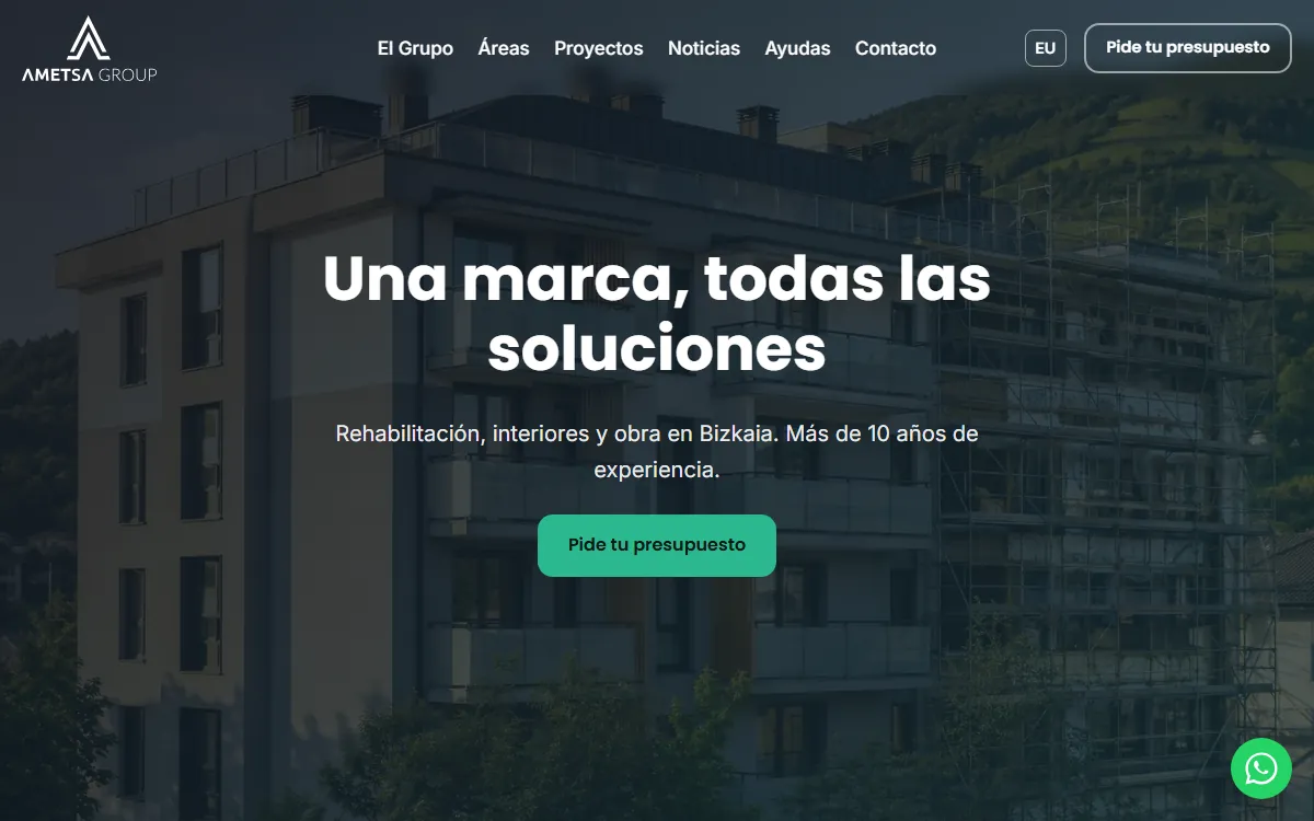 Portada de la web de Ametsa Group: edificio rehabilitado con el mensaje Una marca, todas las soluciones