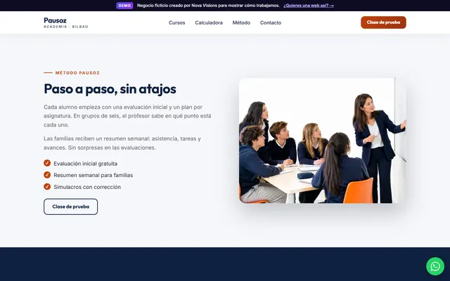 Sección «Método» de la demo de academia