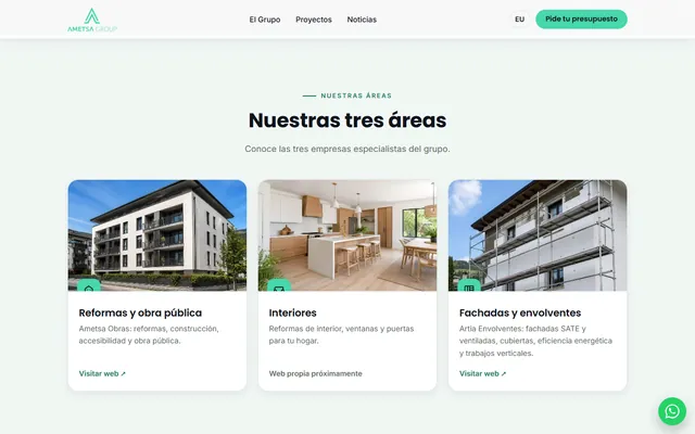 Sección «Nuestras tres áreas» de la web de Ametsa Group, con una tarjeta por empresa