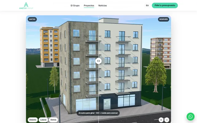 Edificio en 3D de la web de Ametsa Group con el comparador de antes y después