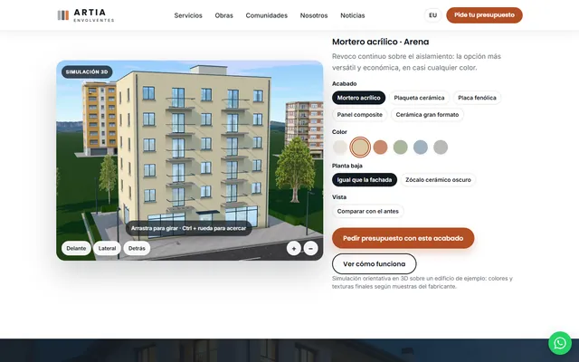 Configurador de fachada en 3D de la web de Artia Envolventes, con acabados y colores