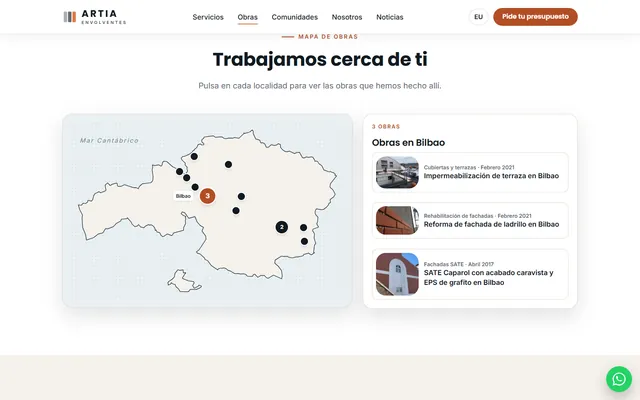 Mapa de obras por localidad de Bizkaia en la web de Artia Envolventes