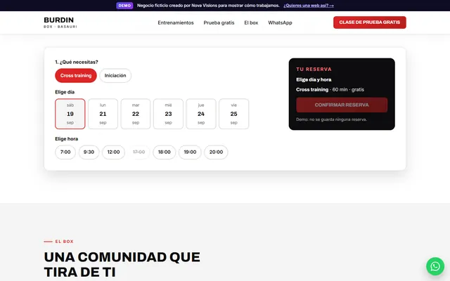 Reserva de clase de prueba en la demo del box