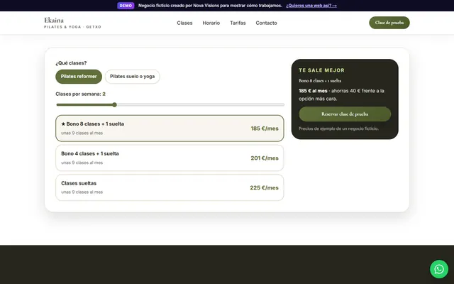 Calculadora de bonos de la demo de pilates