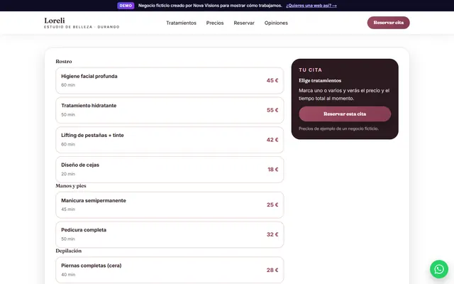 Selector de tratamientos con precio total