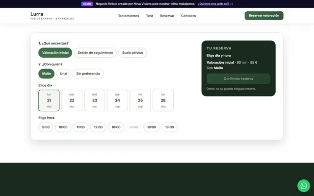 Reserva online con fisioterapeuta, día y hora